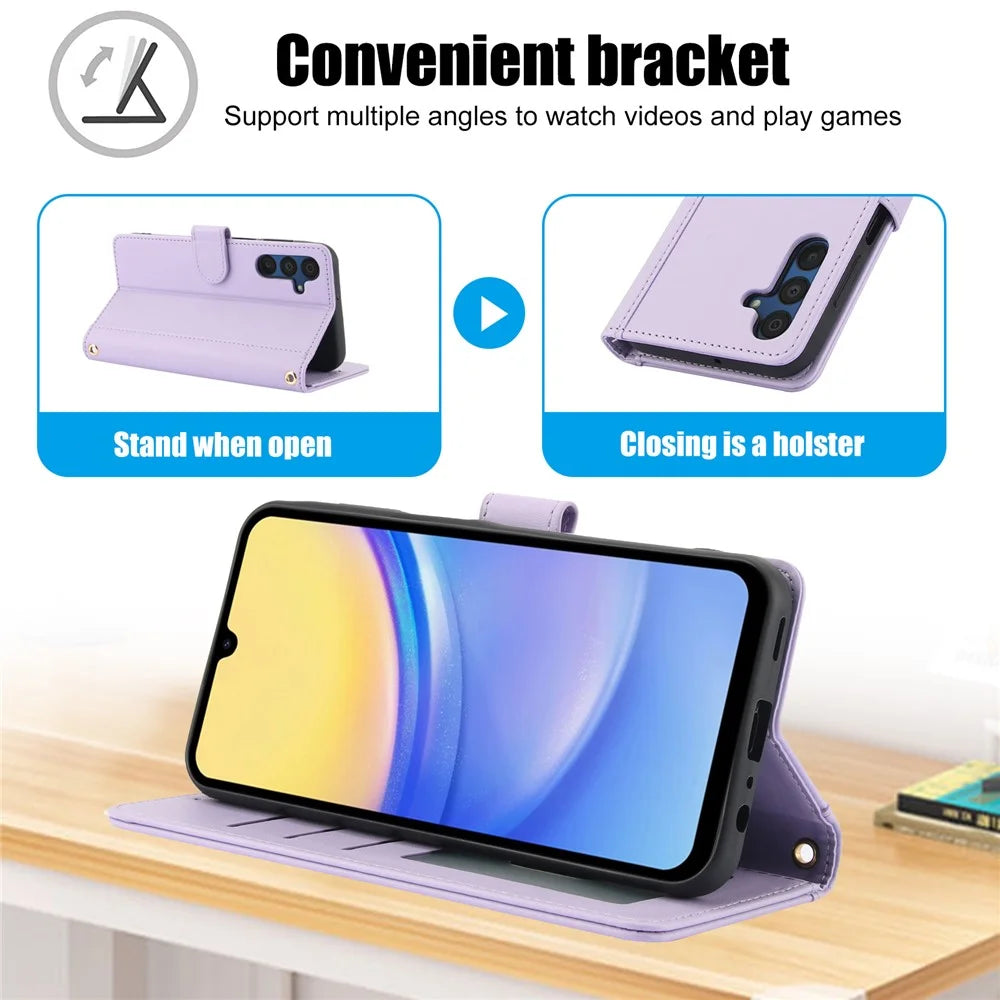SY-003 For Samsung Galaxy A15 4G / 5G Case PU Leather Stand View Phone Wallet Cover with Hand Strap - Purple - 7