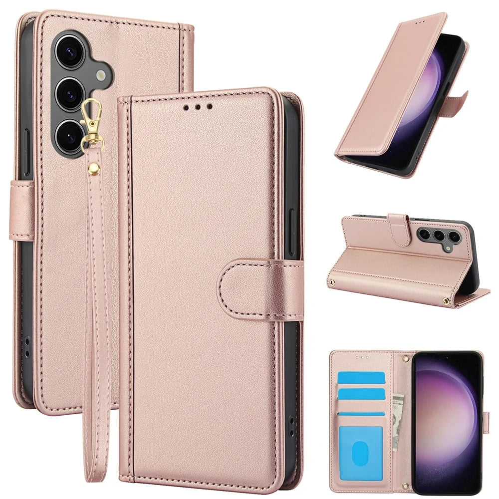 SY-003 For Samsung Galaxy S24 Case PU Leather Stand View Phone Wallet Cover with Hand Strap - Pink - 1
