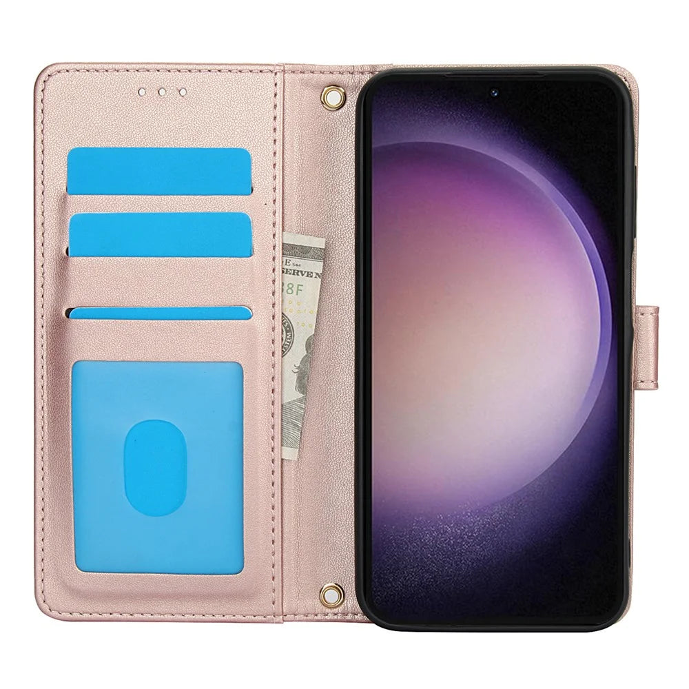 SY-003 For Samsung Galaxy S24 Case PU Leather Stand View Phone Wallet Cover with Hand Strap - Pink - 2