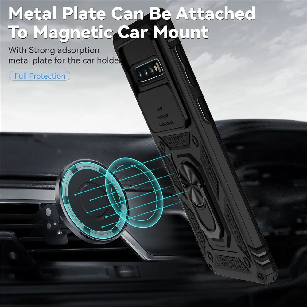 Metal Ring Kickstand Anti-drop Case for Samsung Galaxy S10 4G, Slide Camera Protection PC + TPU Hybrid Phone Cover - Black - 3