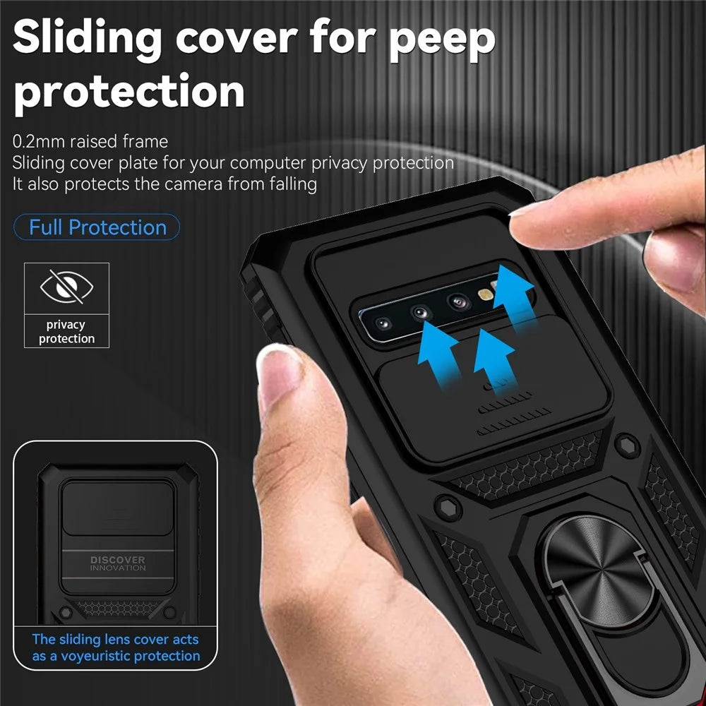Metal Ring Kickstand Anti-drop Case for Samsung Galaxy S10 4G, Slide Camera Protection PC + TPU Hybrid Phone Cover - Black - 5