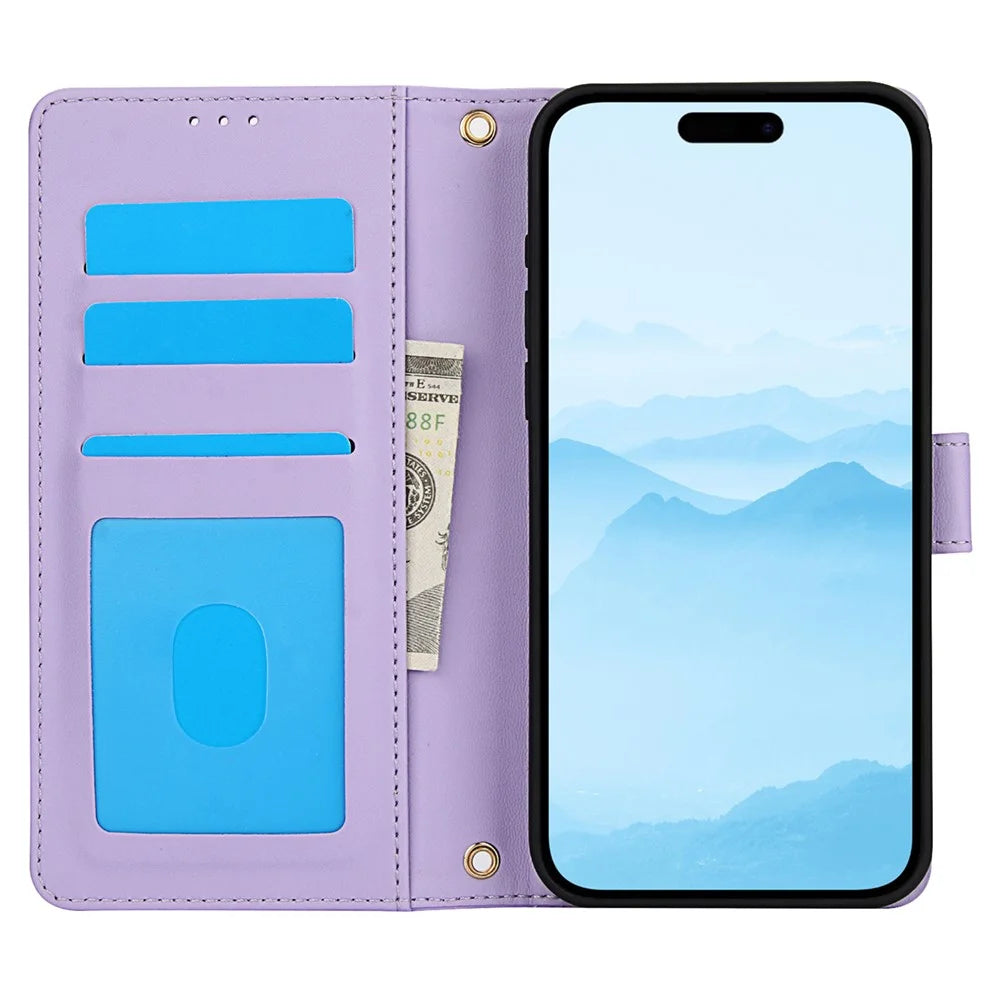 SY-003 For iPhone 15 Pro Case PU Leather Stand View Phone Wallet Cover with Hand Strap - Purple - 2