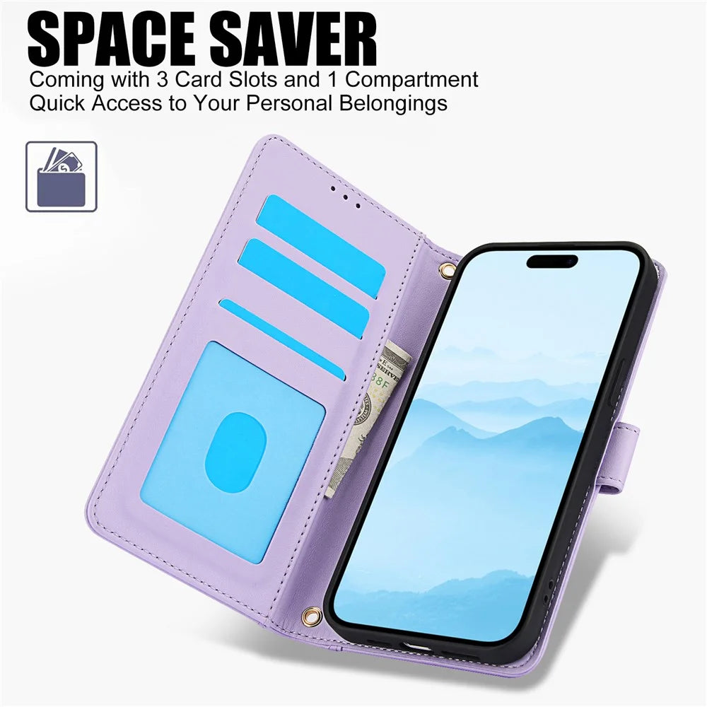SY-003 For iPhone 15 Pro Case PU Leather Stand View Phone Wallet Cover with Hand Strap - Purple - 5