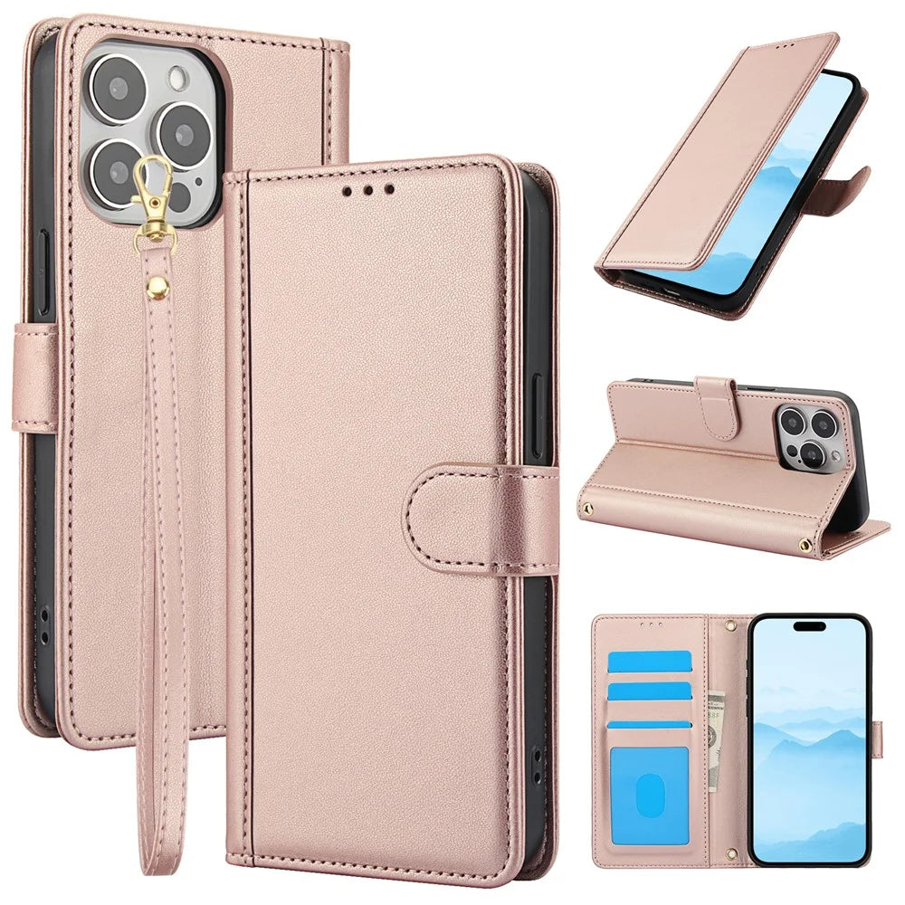 SY-003 For iPhone 16 Pro Case PU Leather Stand View Phone Wallet Cover with Hand Strap - Pink - 1