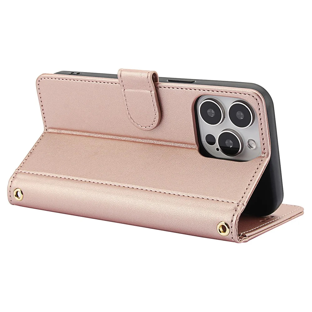 SY-003 For iPhone 16 Pro Case PU Leather Stand View Phone Wallet Cover with Hand Strap - Pink - 3