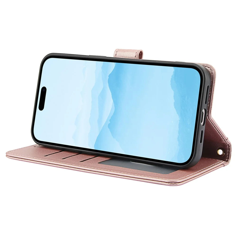 SY-003 For iPhone 16 Pro Case PU Leather Stand View Phone Wallet Cover with Hand Strap - Pink - 4