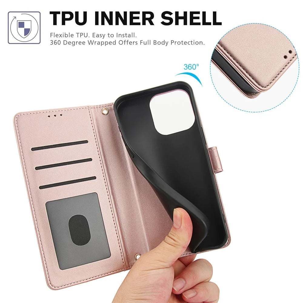 SY-003 For iPhone 16 Pro Case PU Leather Stand View Phone Wallet Cover with Hand Strap - Pink - 6