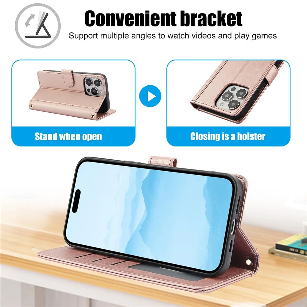 SY-003 For iPhone 16 Pro Case PU Leather Stand View Phone Wallet Cover with Hand Strap - Pink - 7