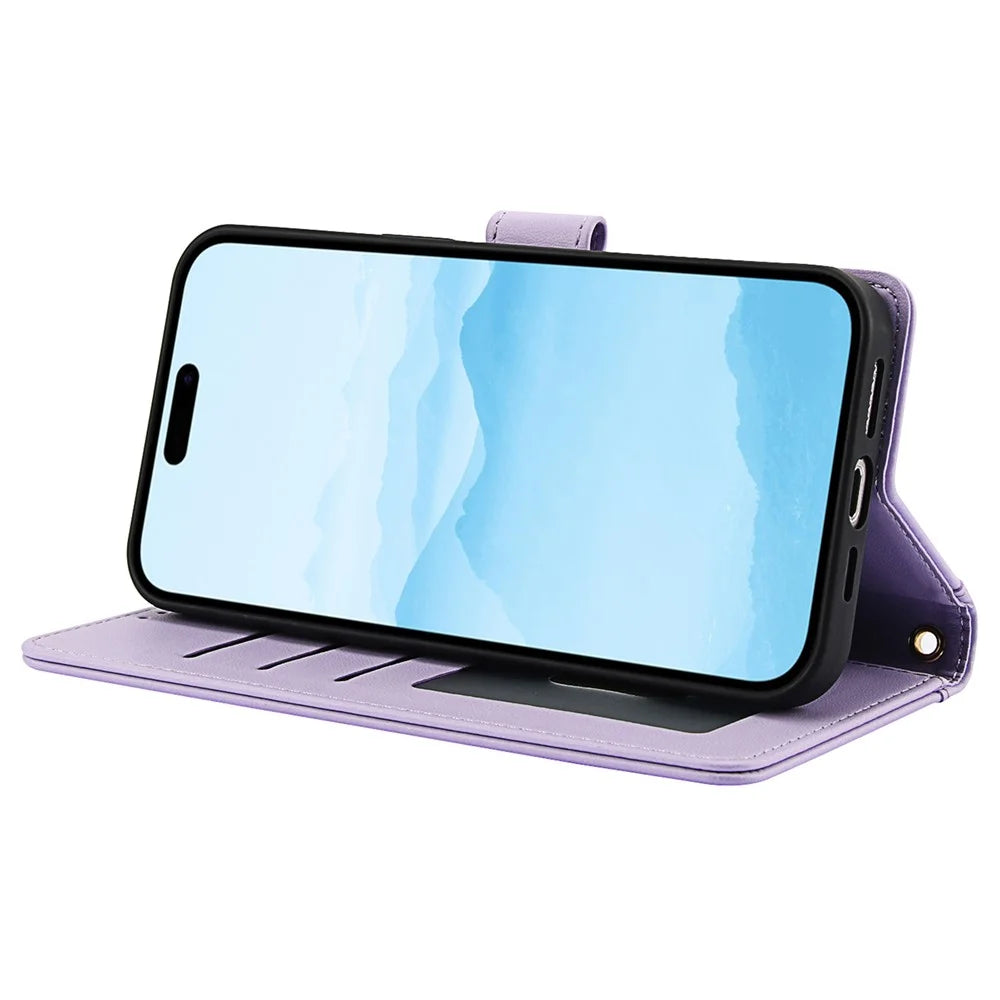 SY-003 For iPhone 16 Pro Max Case PU Leather Stand View Phone Wallet Cover with Hand Strap - Purple - 4
