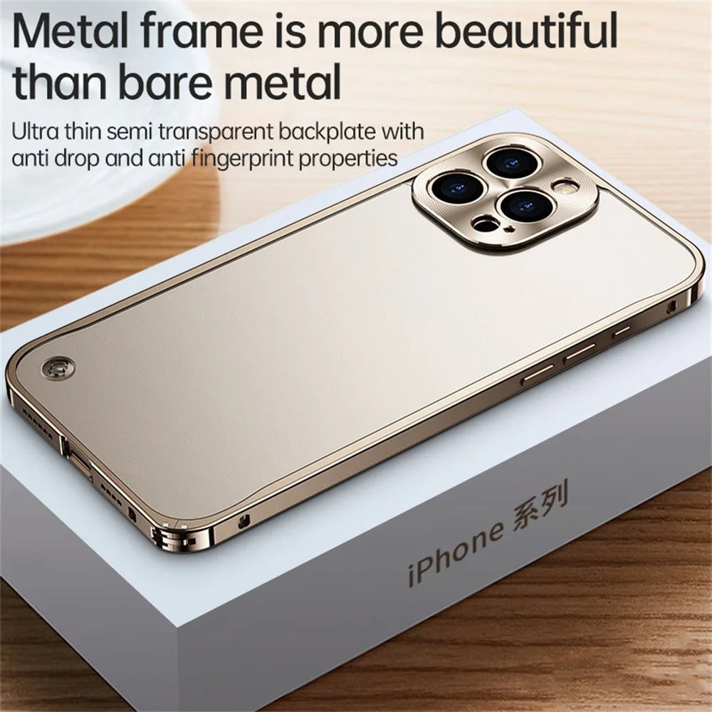 For iPhone 16 Pro Max Metal Clear Case Safety Lock Matte Anti-Fingerprint Back Cover - Gold - 5