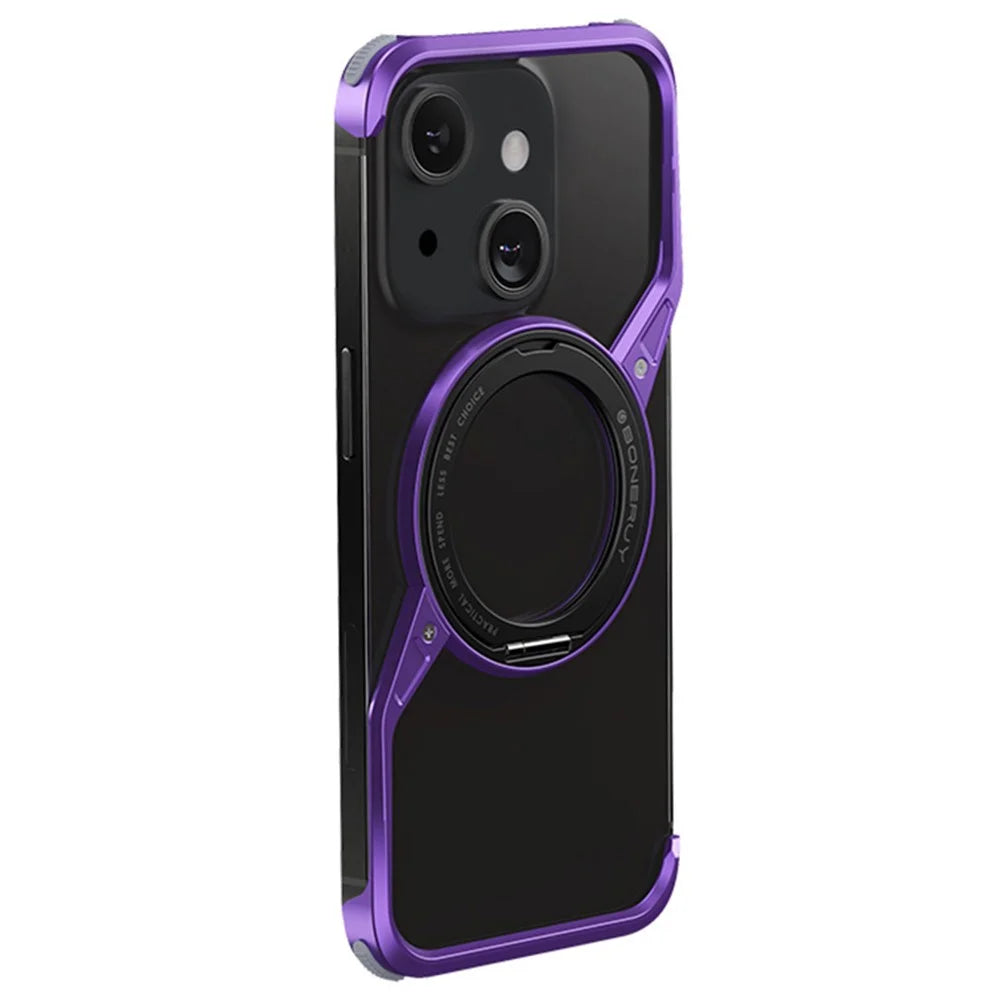 For iPhone 14 Bumper Phone Case Rotary Ring Kickstand Aluminium Alloy S-Shape Magnetic Cover - Purple - 1