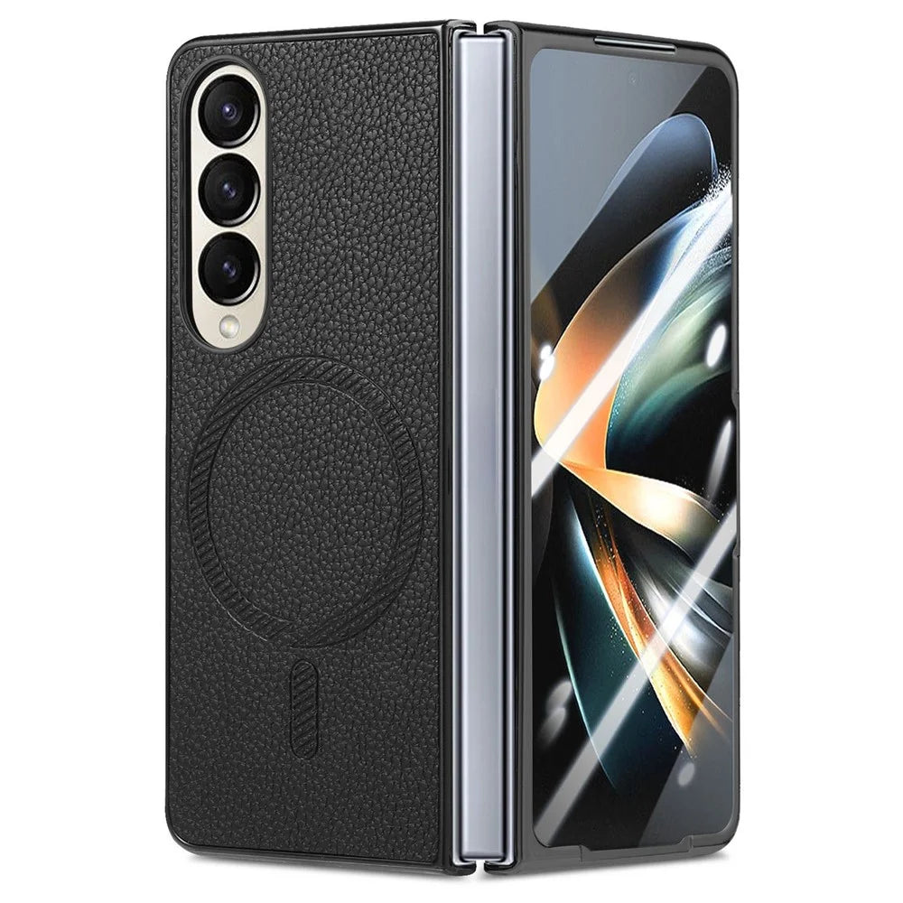 For Samsung Galaxy Z Fold4 5G Magnetic Case Leather+TPU Phone Cover with Screen Film - Black - 2