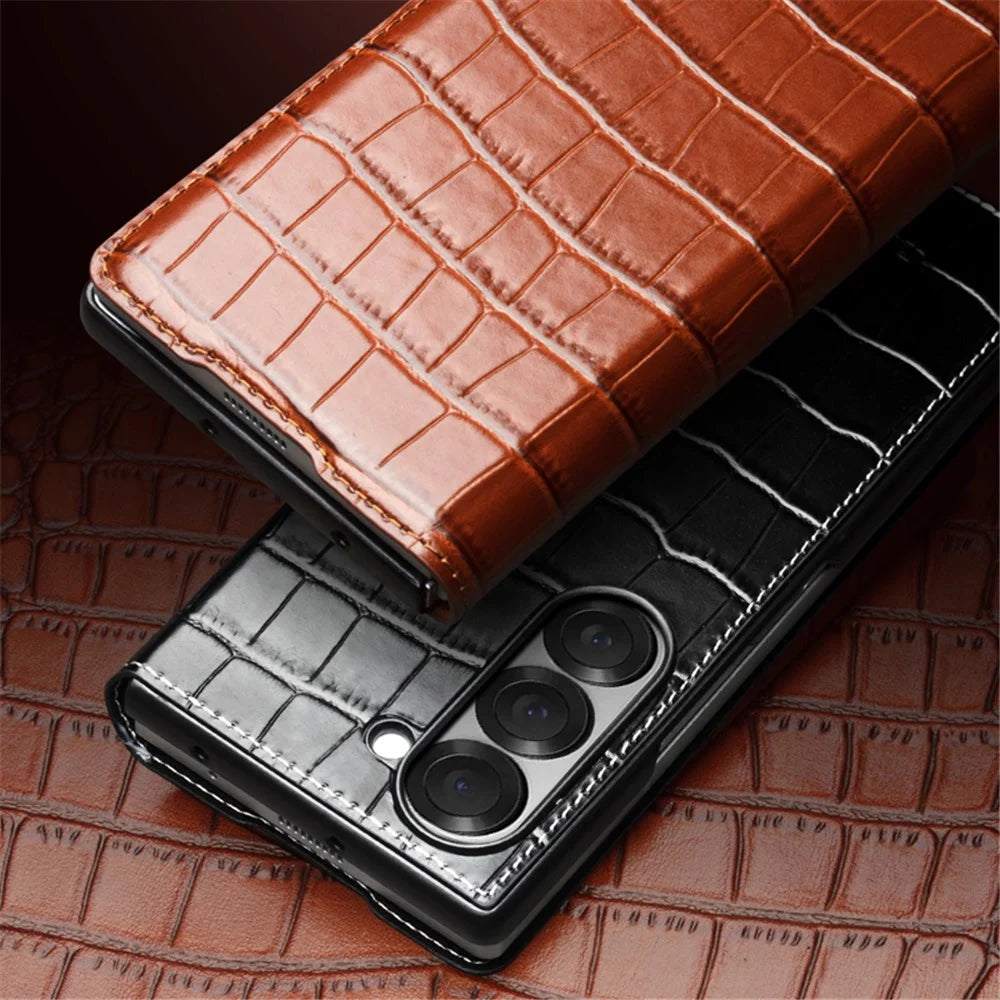 QIALINO For Samsung Galaxy Z Fold6 5G Case Crocodile Texture Genuine Cow Leather Flip Phone Cover - Black - 4