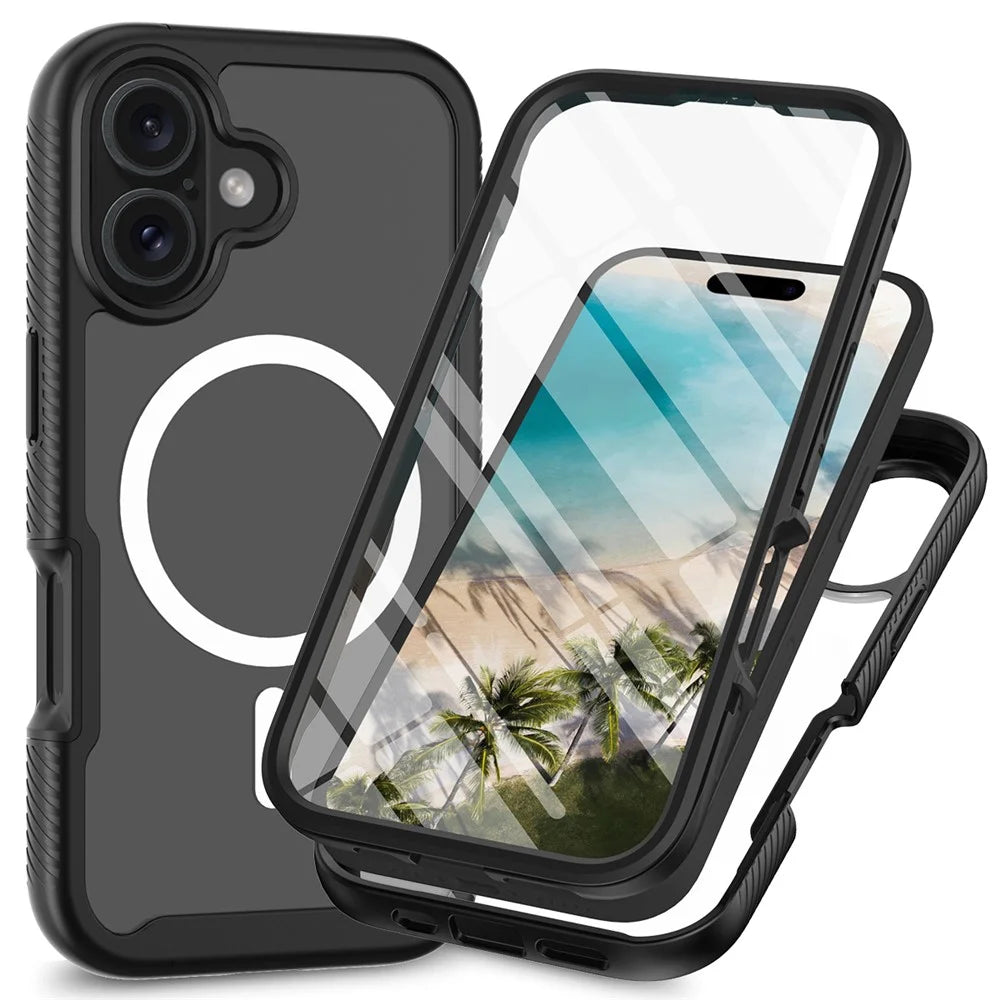 For iPhone 16 Magnetic Case PC+TPU Phone Cover with PET Screen Film All-Around Protection - Black - 1