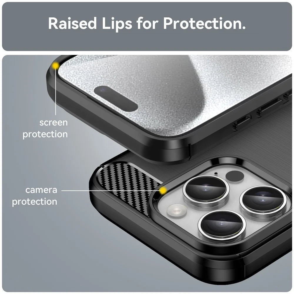 For iPhone 16 Pro Max Case Carbon Fiber Texture TPU Brushed Phone Cover - Black - 6