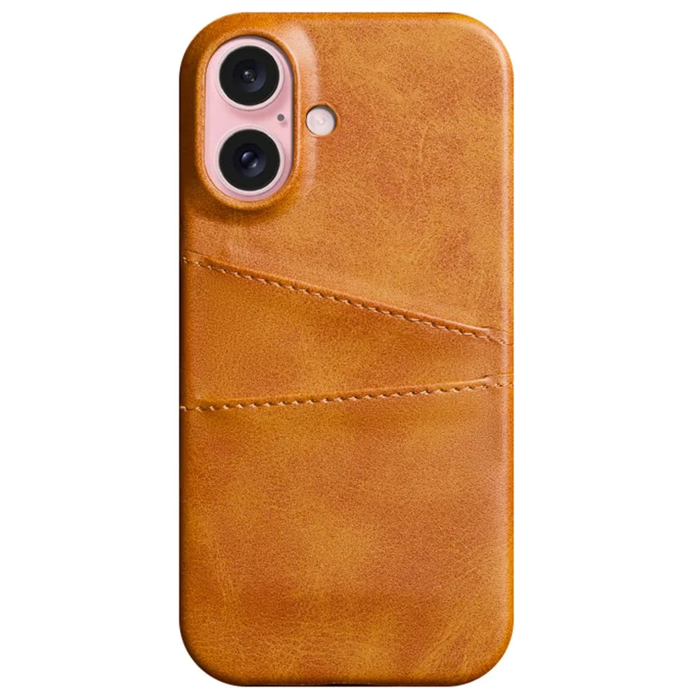 For iPhone 16 Case Dual Card Slots PU Leather + Hard PC Phone Cover - Orange - 1