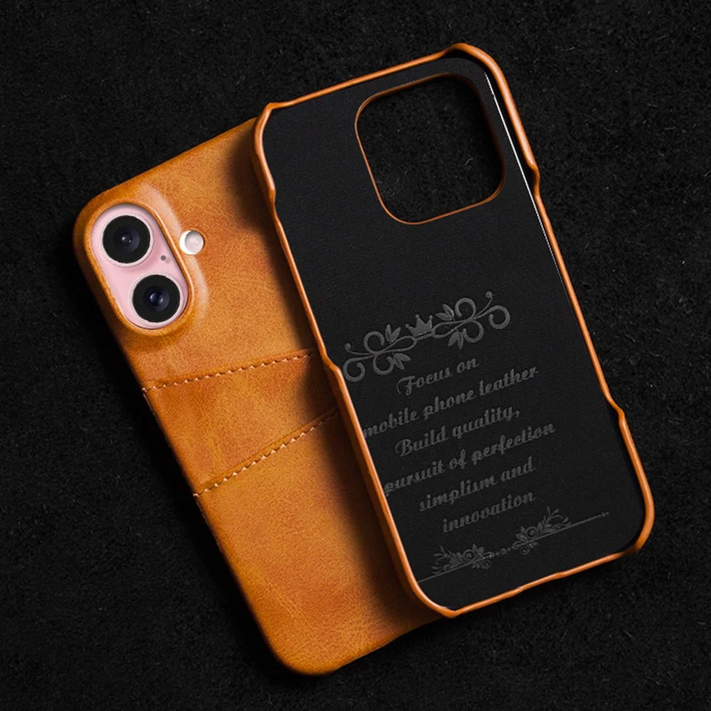For iPhone 16 Case Dual Card Slots PU Leather + Hard PC Phone Cover - Orange - 4