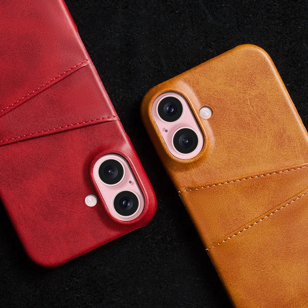 For iPhone 16 Case Dual Card Slots PU Leather + Hard PC Phone Cover - Orange - 5