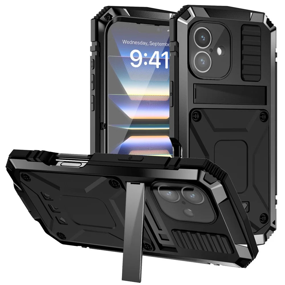 R-JUST For iPhone 16 Case PC+Silicone+Metal Kickstand Phone Cover with Tempered Glass Film - Black - 1