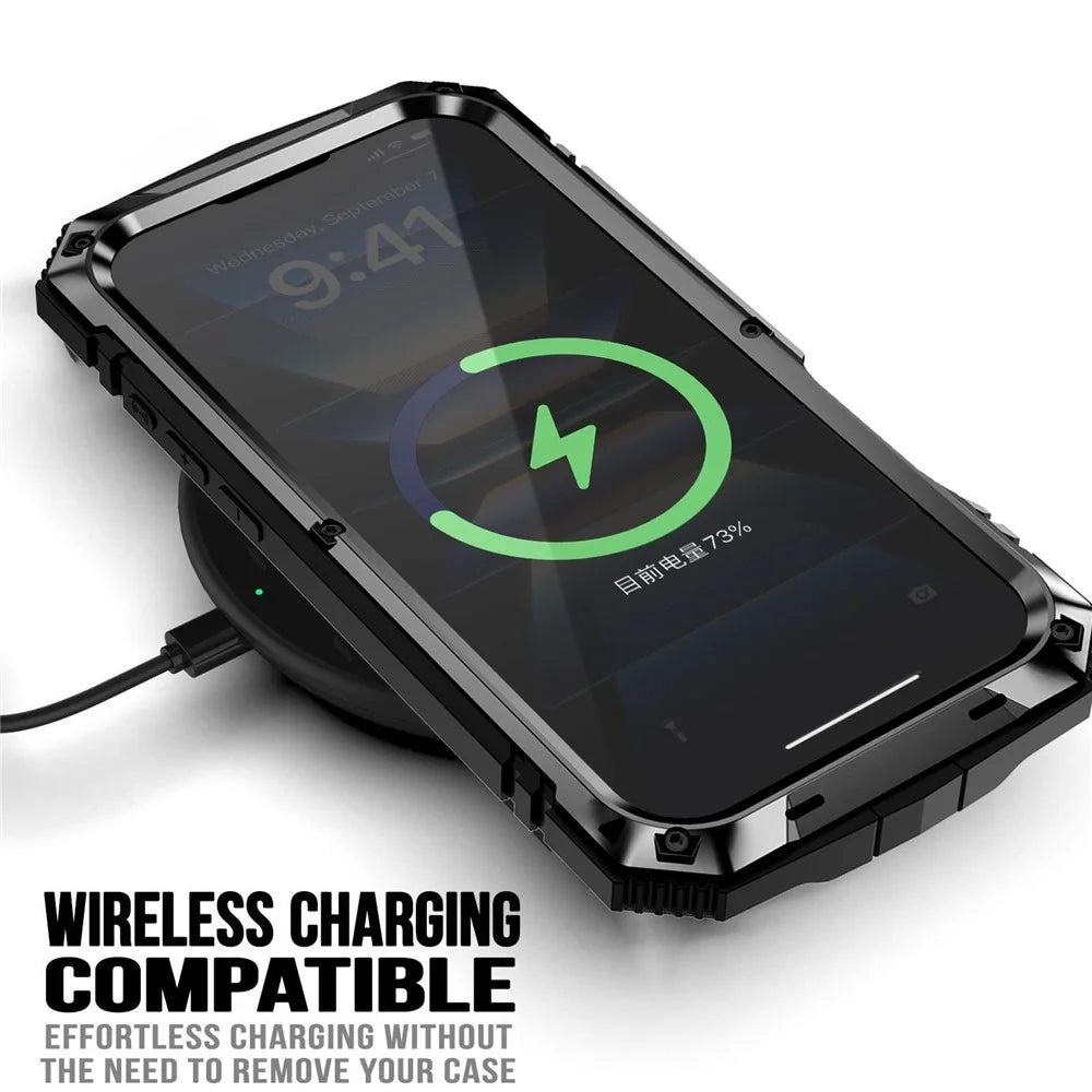 R-JUST For iPhone 16 Plus Case PC+Silicone+Metal Kickstand Phone Cover with Tempered Glass Film - Black - 3