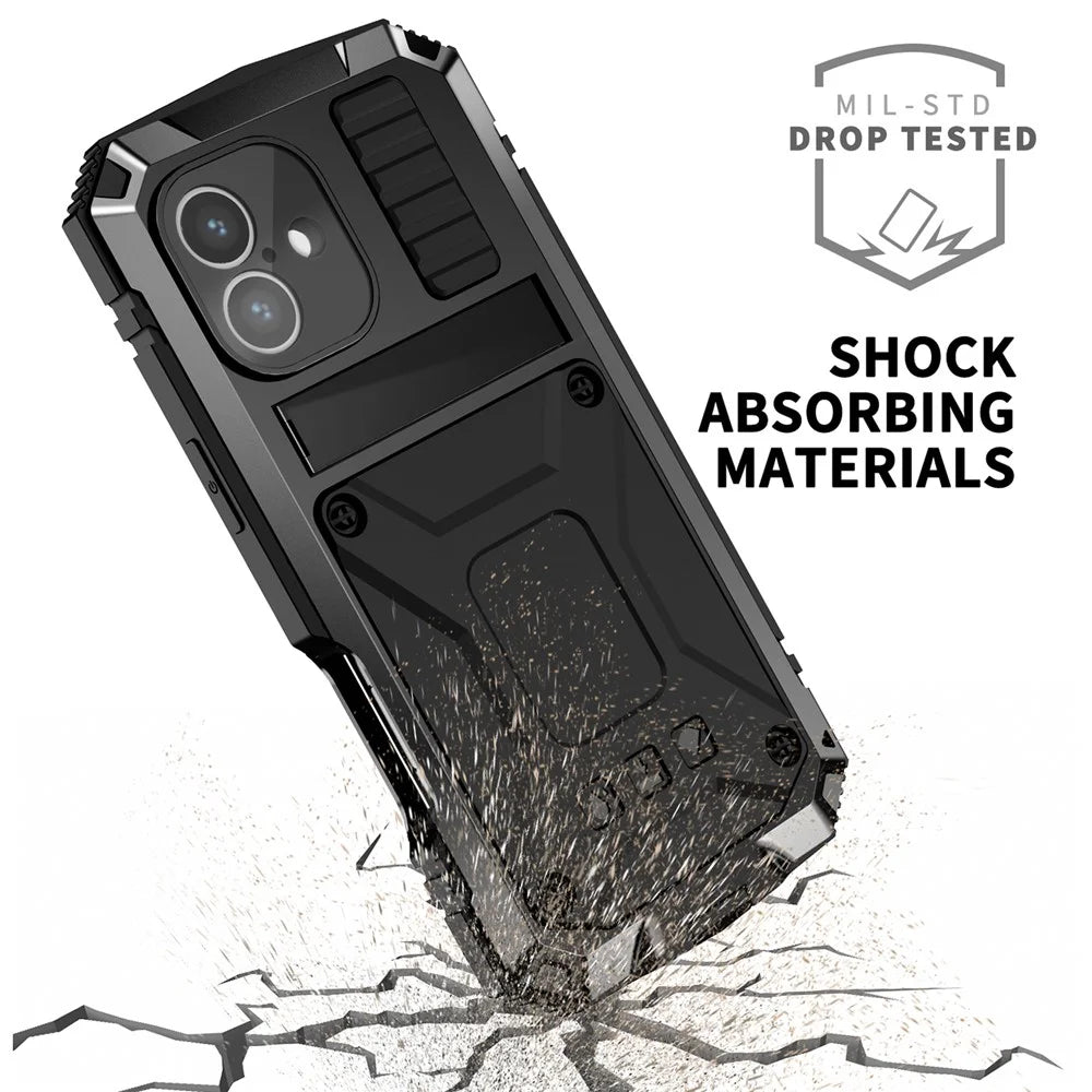R-JUST For iPhone 16 Plus Case PC+Silicone+Metal Kickstand Phone Cover with Tempered Glass Film - Black - 5
