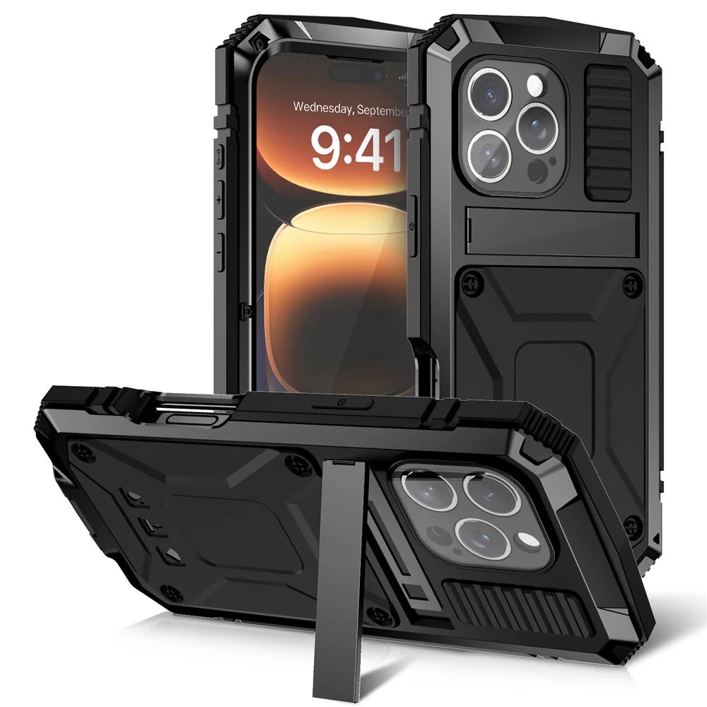 R-JUST For iPhone 16 Pro Case PC+Silicone+Metal Kickstand Phone Cover with Tempered Glass Film - Black - 1