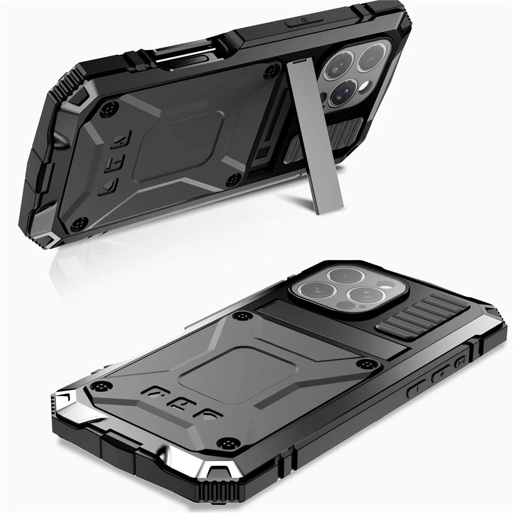 R-JUST For iPhone 16 Pro Case PC+Silicone+Metal Kickstand Phone Cover with Tempered Glass Film - Black - 2