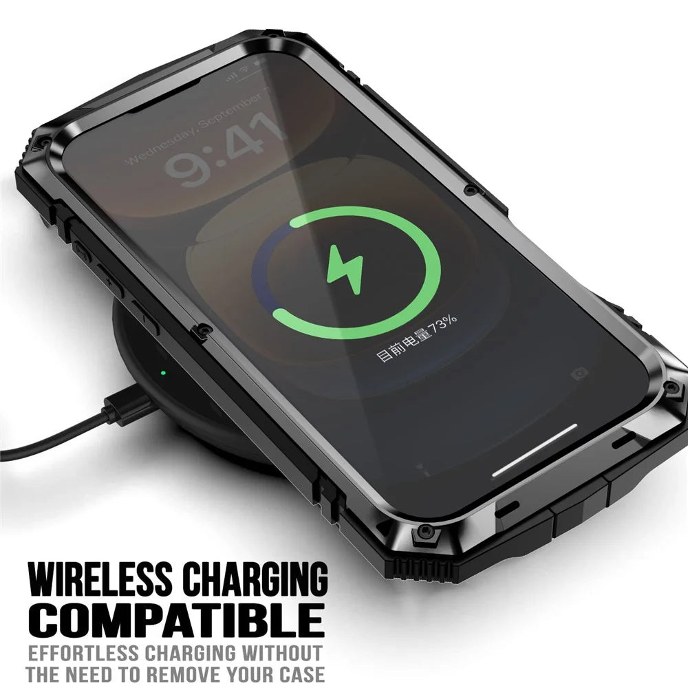 R-JUST For iPhone 16 Pro Case PC+Silicone+Metal Kickstand Phone Cover with Tempered Glass Film - Black - 3