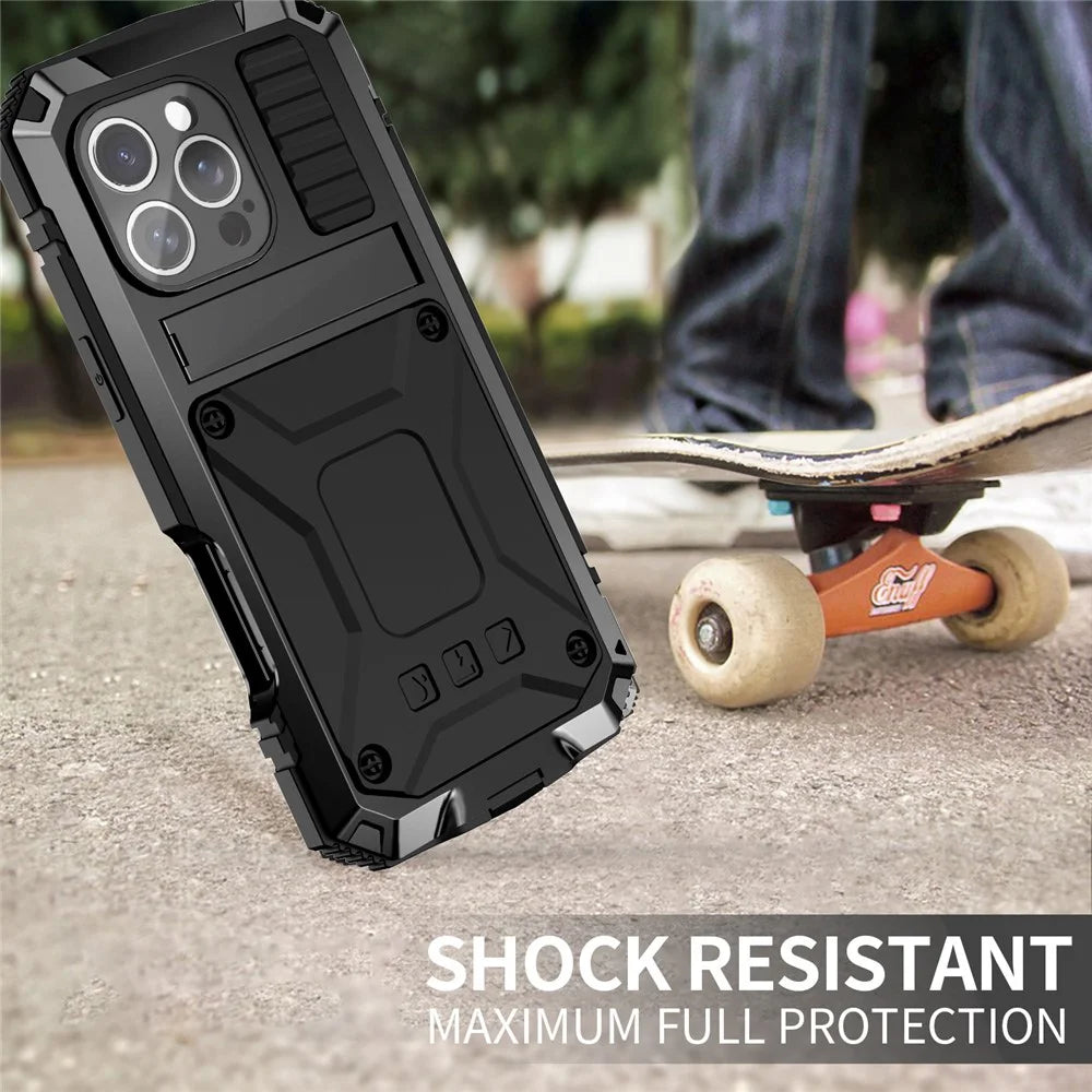 R-JUST For iPhone 16 Pro Case PC+Silicone+Metal Kickstand Phone Cover with Tempered Glass Film - Black - 5