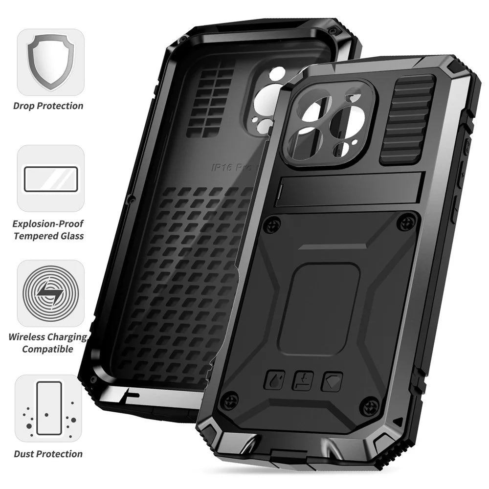 R-JUST For iPhone 16 Pro Case PC+Silicone+Metal Kickstand Phone Cover with Tempered Glass Film - Black - 7