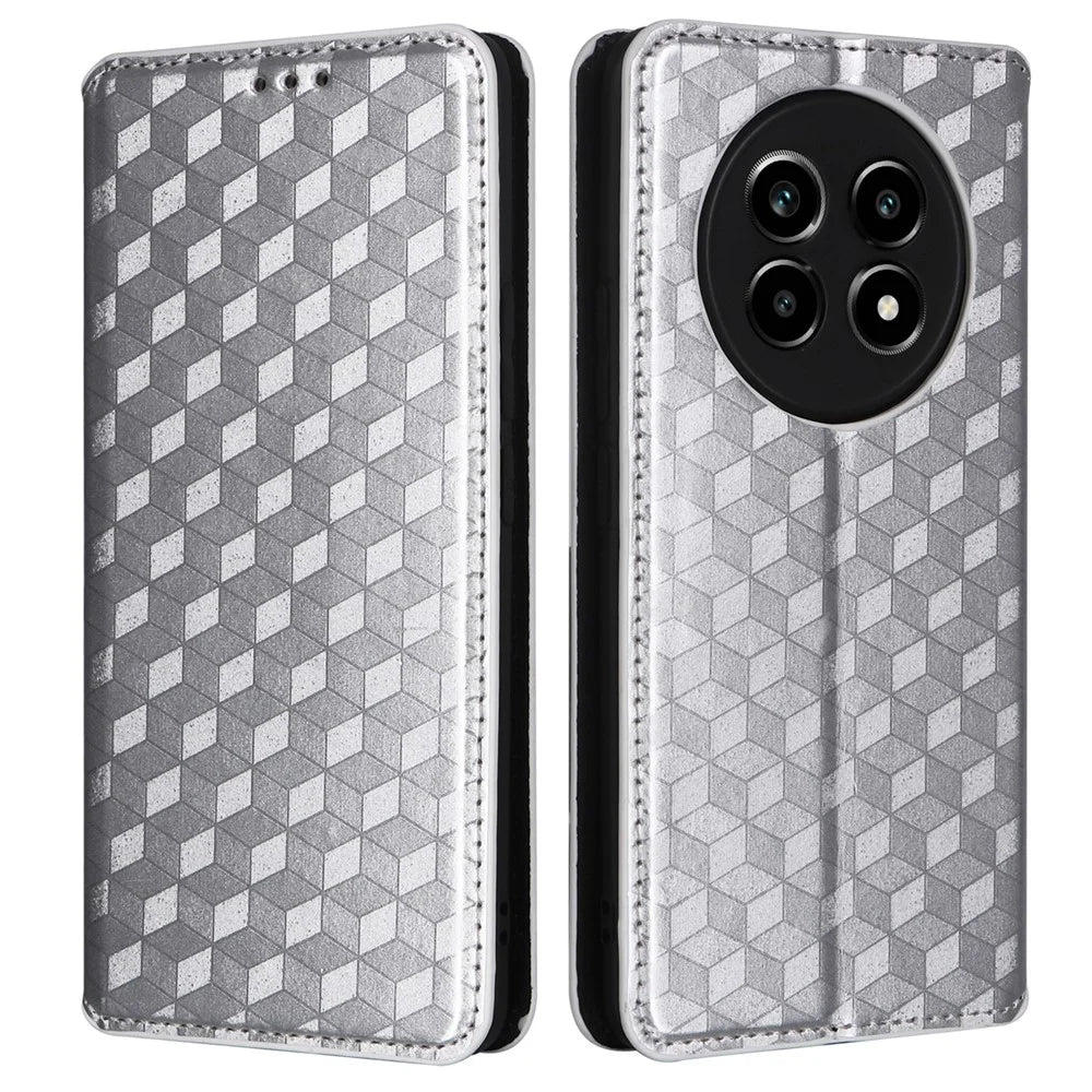 For Realme 14 Pro Lite 5G / 13 Pro 5G (Global) / 13 Pro+ 5G (Global) Wallet Case Rhombus Imprinted Leather Phone Cover - Silver - 1