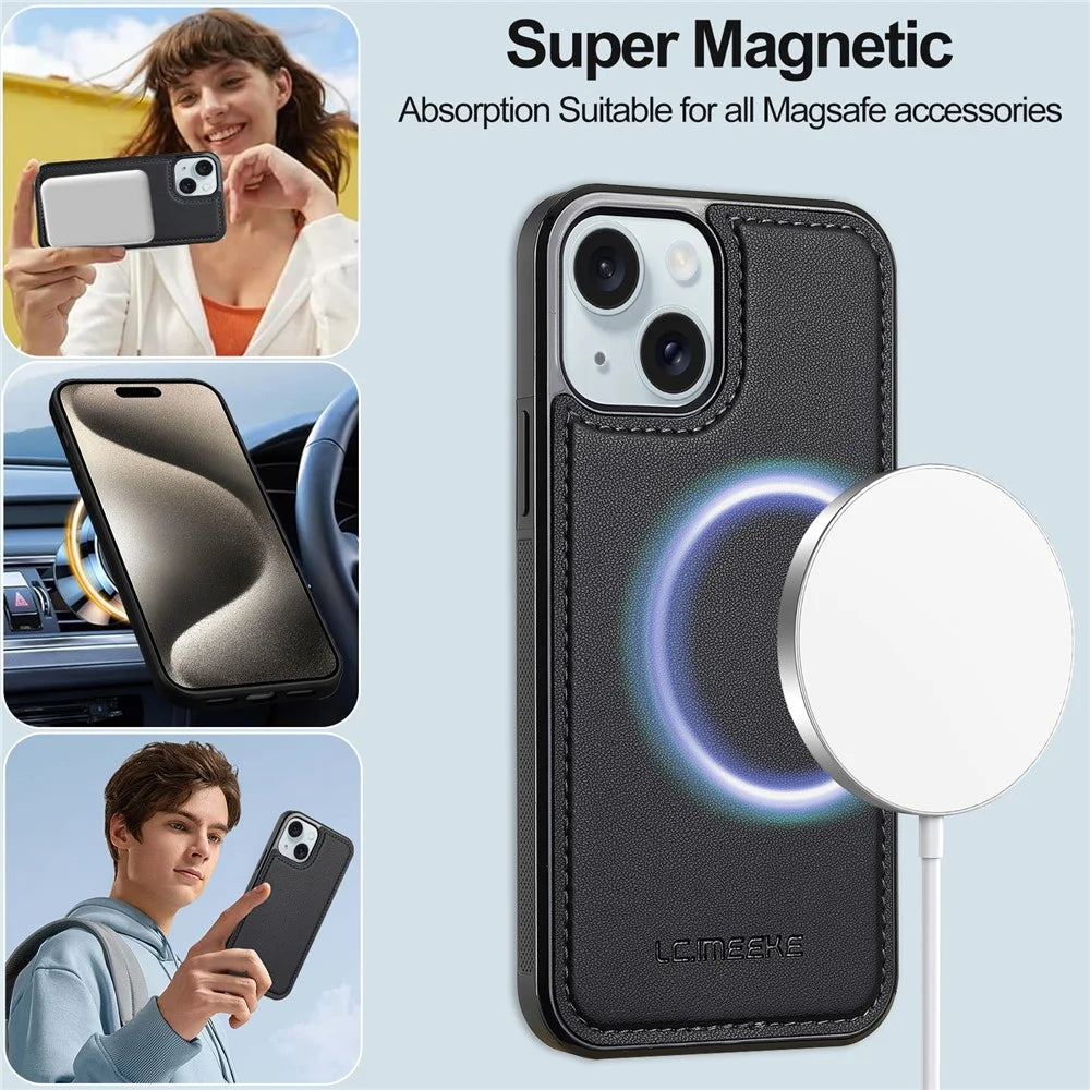 LC.IMEEKE L2 Series for iPhone 15 Plus / 14 Plus Case PU Leather Wallet Detachable Magnetic Phone Cover - Black - 7