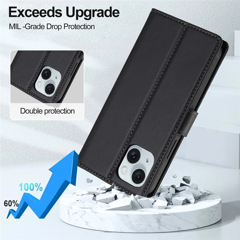 LC.IMEEKE L2 Series for iPhone 14 / 13 Case PU Leather Wallet Detachable Magnetic Phone Cover - Black - 3