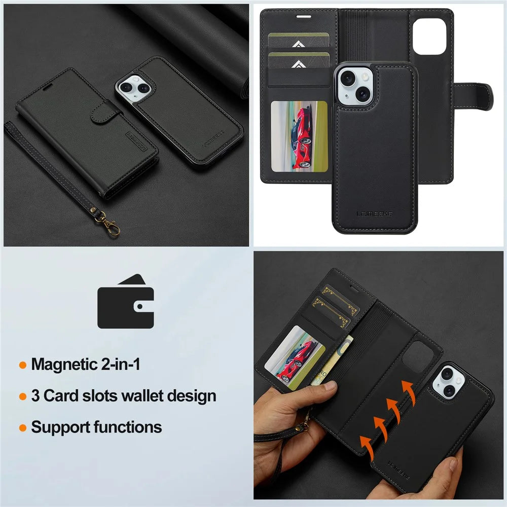 LC.IMEEKE L2 Series for iPhone 14 / 13 Case PU Leather Wallet Detachable Magnetic Phone Cover - Black - 4