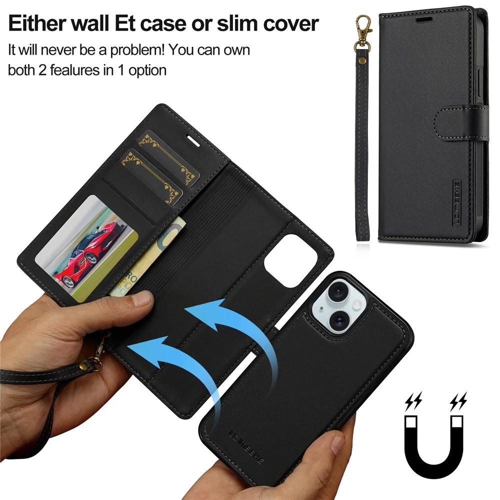 LC.IMEEKE L2 Series for iPhone 14 / 13 Case PU Leather Wallet Detachable Magnetic Phone Cover - Black - 6