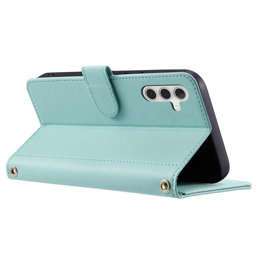 For Samsung Galaxy S24 FE Wallet Case Rhombus Grid PU Leather Phone Cover - Mint Green - 3