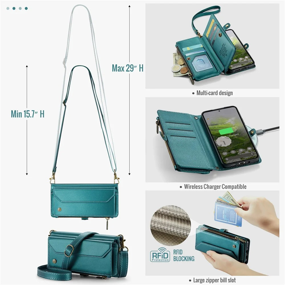 For Google Pixel 10 Pro / 10 / 9 Pro / 9 Leather Case CASEME C36 Zipper Multiple Card Slots Phone Cover with Straps - Green - 6