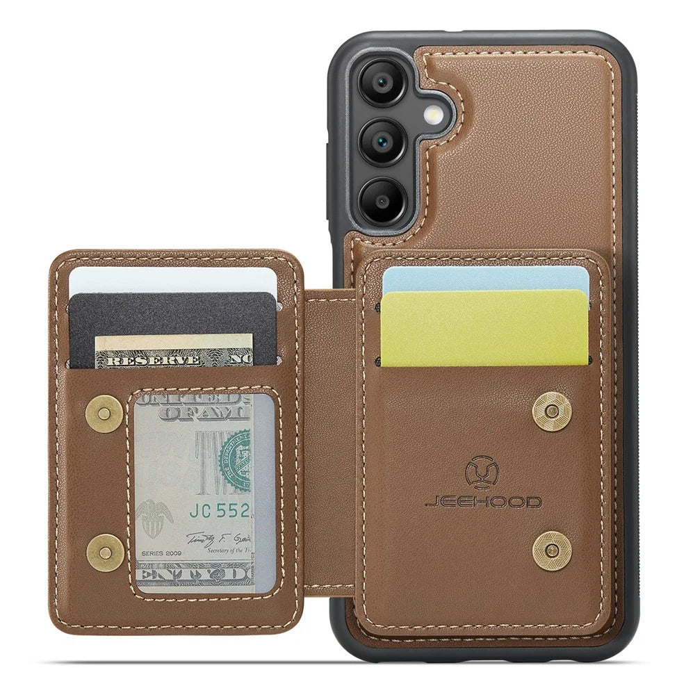 JEEHOOD J05 For Samsung Galaxy A35 5G Case Leather Mobile Cover with Detachable Magnetic Card Bag - Brown - 2