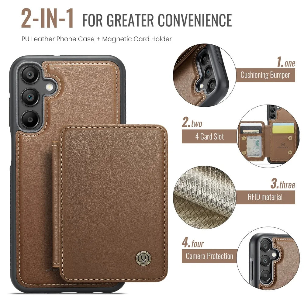 JEEHOOD J05 For Samsung Galaxy A35 5G Case Leather Mobile Cover with Detachable Magnetic Card Bag - Brown - 4