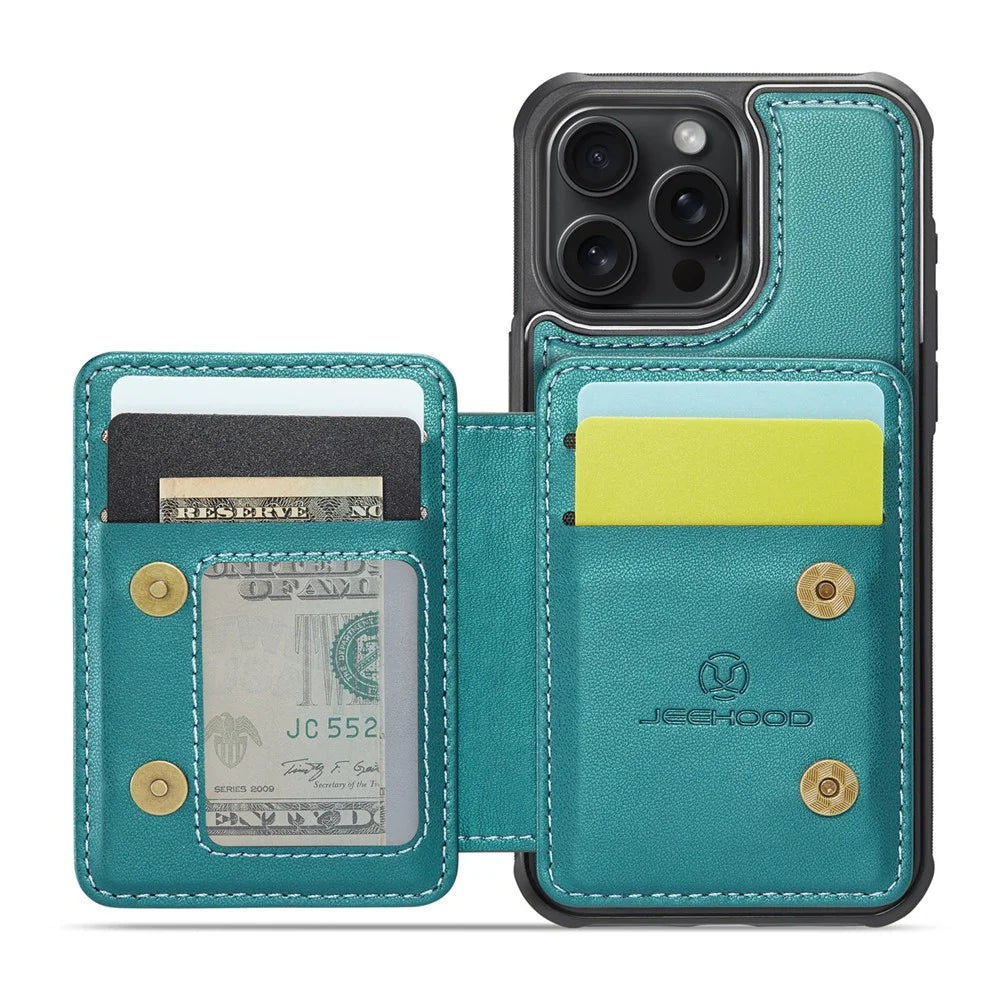 JEEHOOD J05 For iPhone 16 Pro Max Case Leather Mobile Cover with Detachable Magnetic Card Bag - Cyan - 2