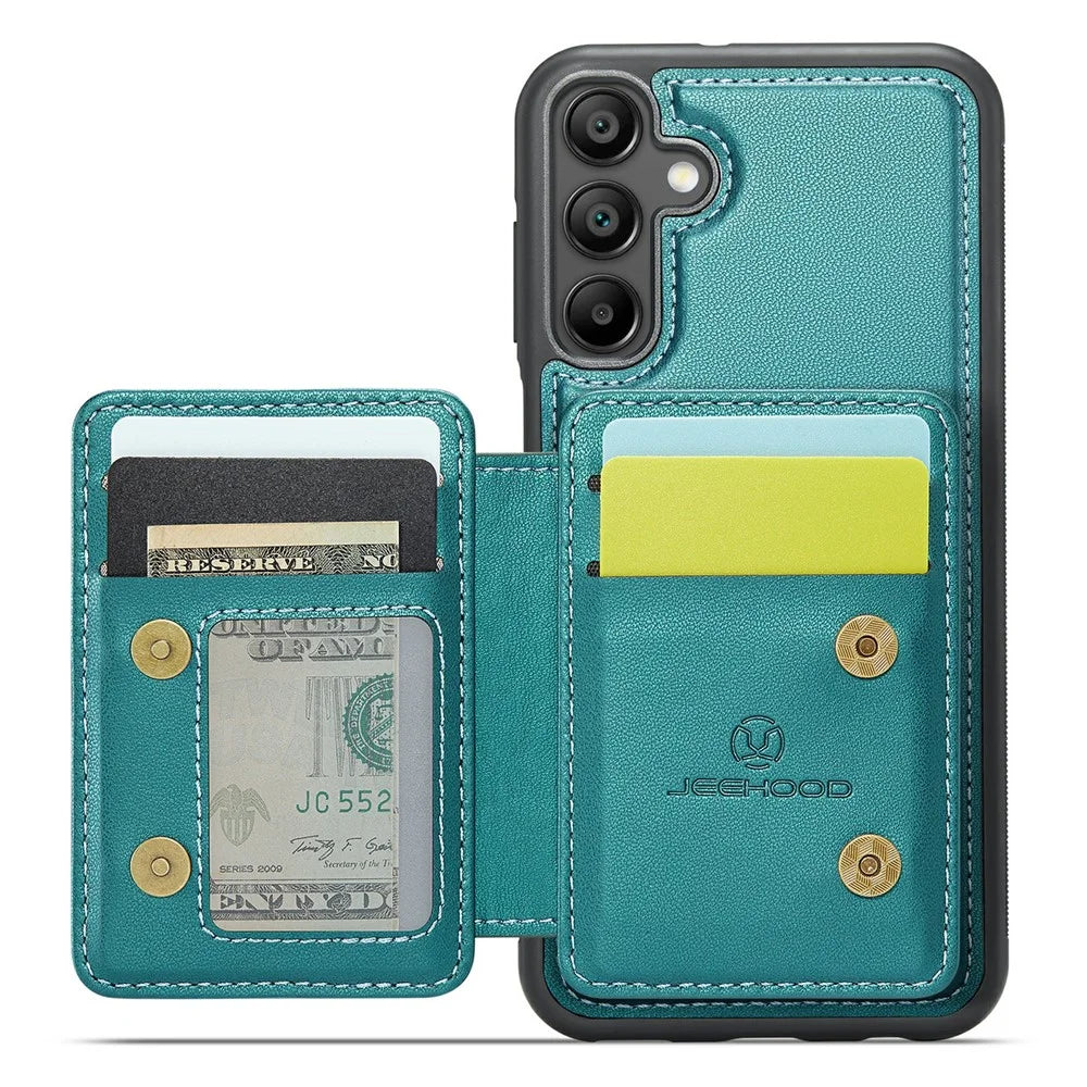 JEEHOOD J05 For Samsung Galaxy A15 4G / 5G Case Leather Mobile Cover with Detachable Magnetic Card Bag - Cyan - 2