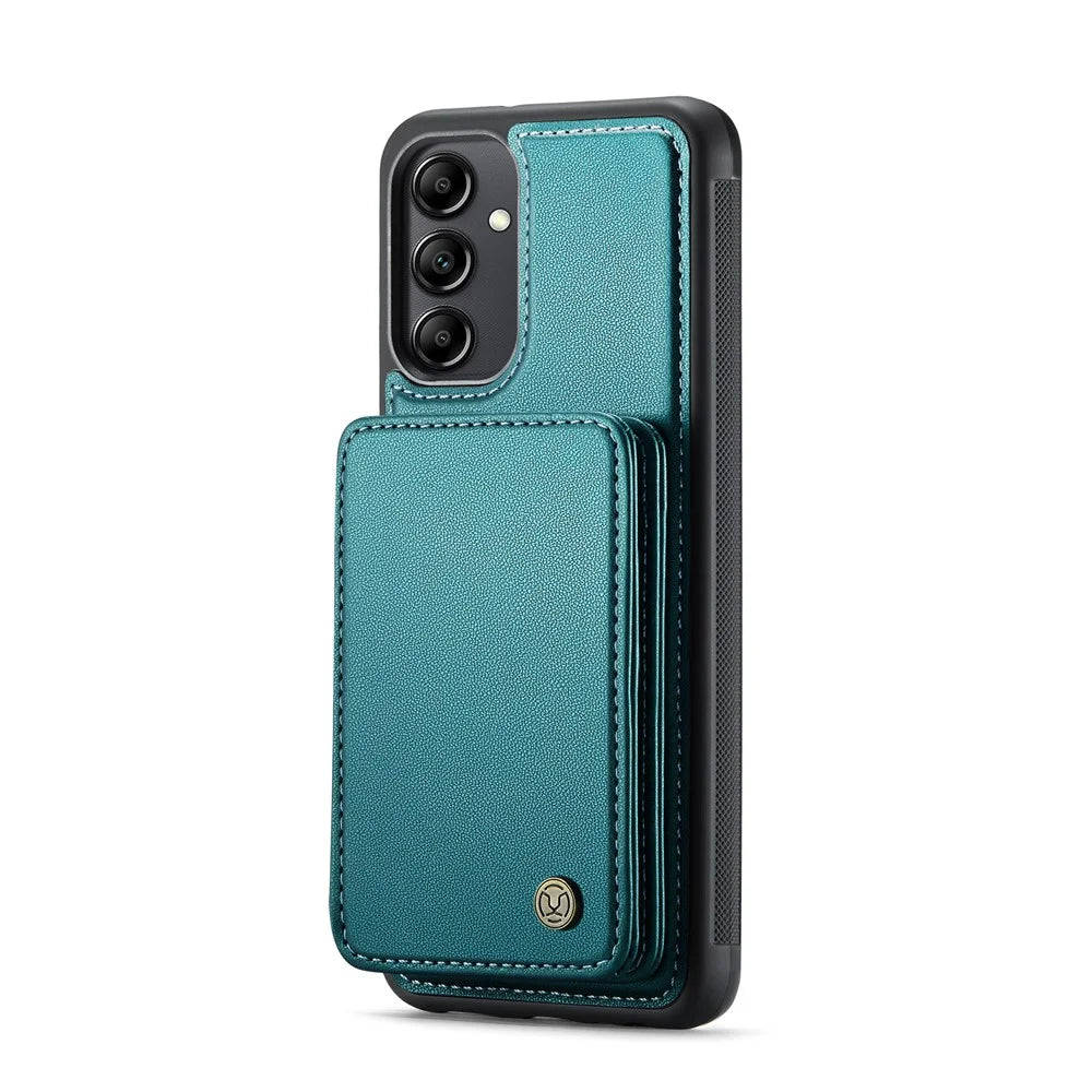 JEEHOOD J05 For Samsung Galaxy A14 4G / 5G Case Leather Mobile Cover with Detachable Magnetic Card Bag - Cyan - 4