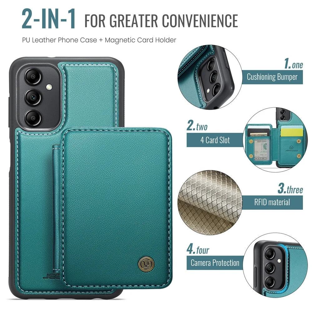 JEEHOOD J05 For Samsung Galaxy A14 4G / 5G Case Leather Mobile Cover with Detachable Magnetic Card Bag - Cyan - 5