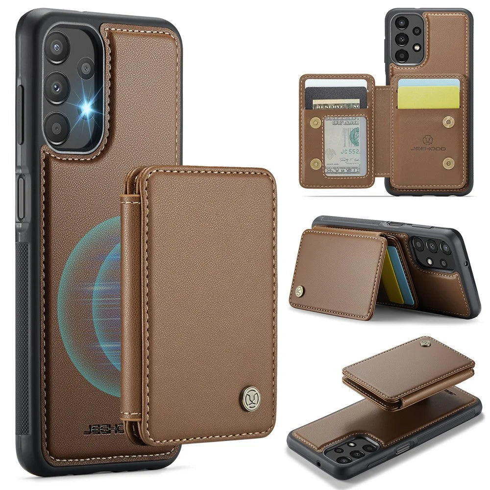 JEEHOOD J05 For Samsung Galaxy A13 4G Case Leather Mobile Cover with Detachable Magnetic Card Bag - Brown - 1