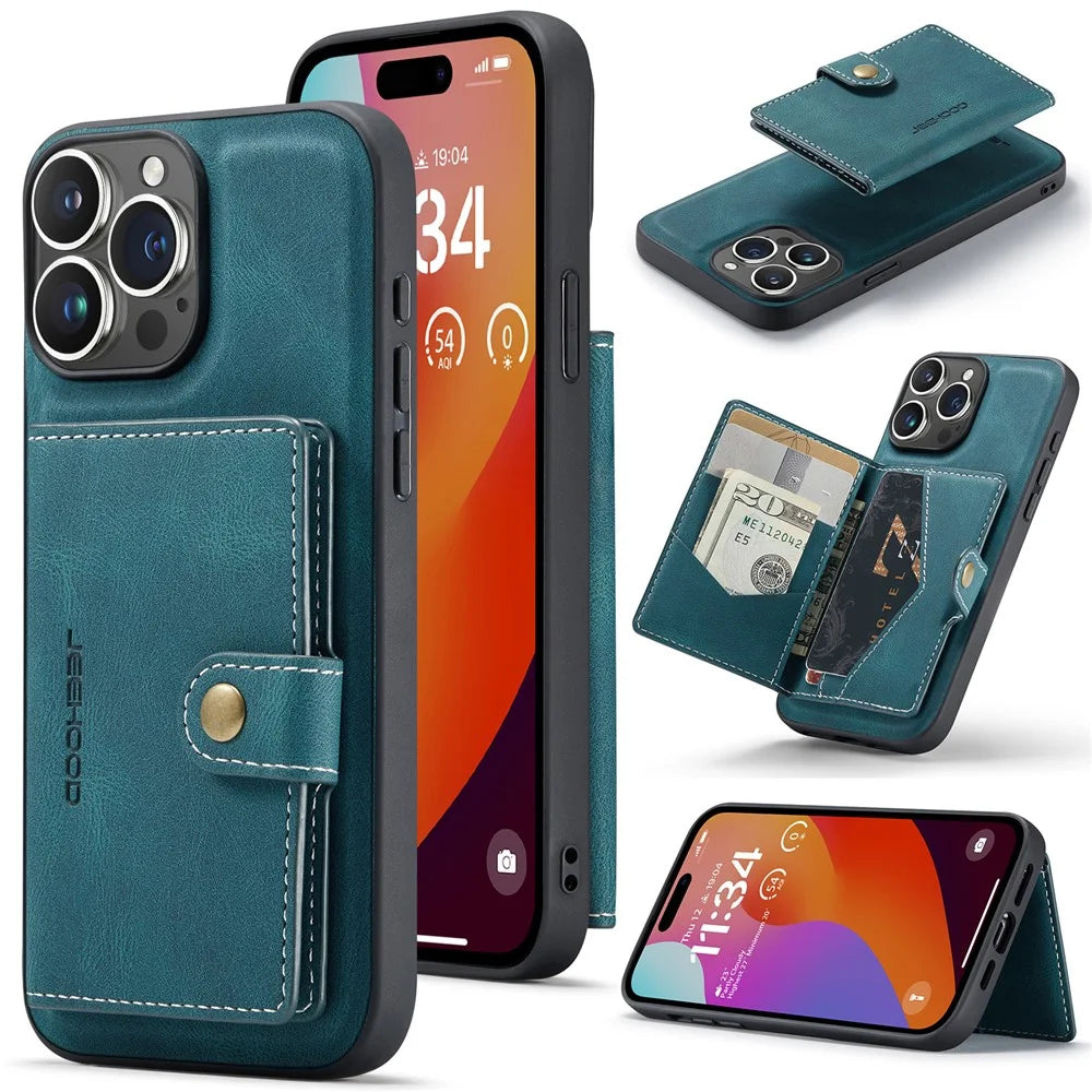 JEEHOOD J01 For iPhone 16 Pro Max Case Retro Leather + TPU Phone Cover Detachable Magnetic Card Holder - Blue - 1