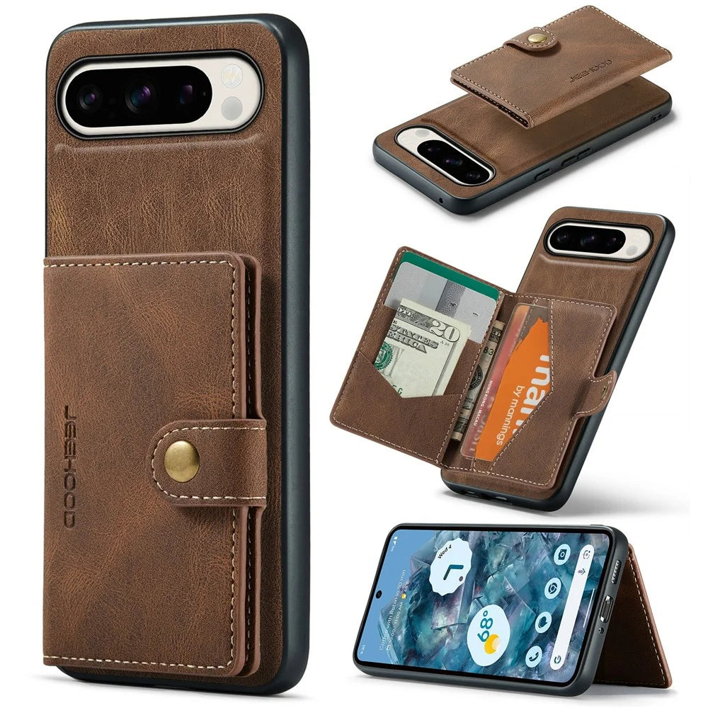JEEHOOD J01 For Google Pixel 9 Pro XL Case Retro Leather + TPU Phone Cover Detachable Magnetic Card Holder - Brown - 1