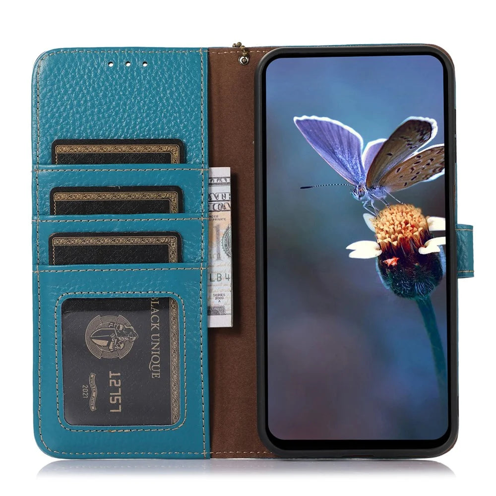 For iPhone 17e / 16e Case RFID Blocking Litchi Texture Genuine Cow Leather Phone Cover - Blue - 2