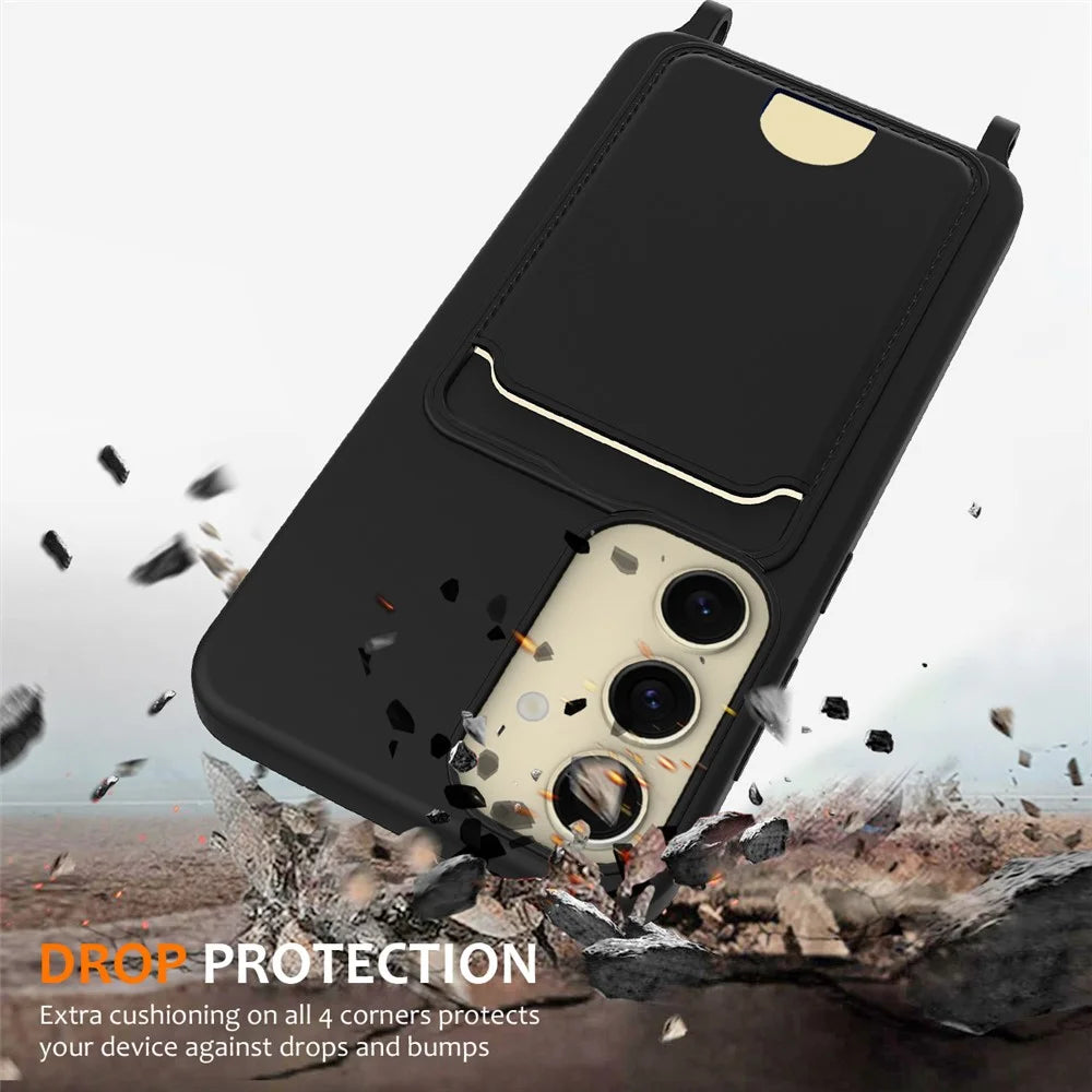 For Samsung Galaxy S23 FE Case Liquid Silicone Card Holder Phone Back Cover with Lanyard - Black - 3