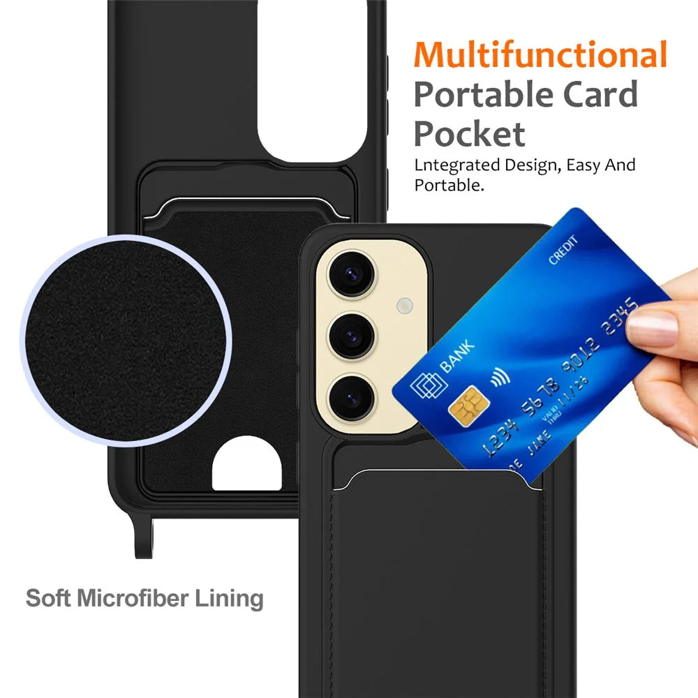 For Samsung Galaxy S23 FE Case Liquid Silicone Card Holder Phone Back Cover with Lanyard - Black - 5