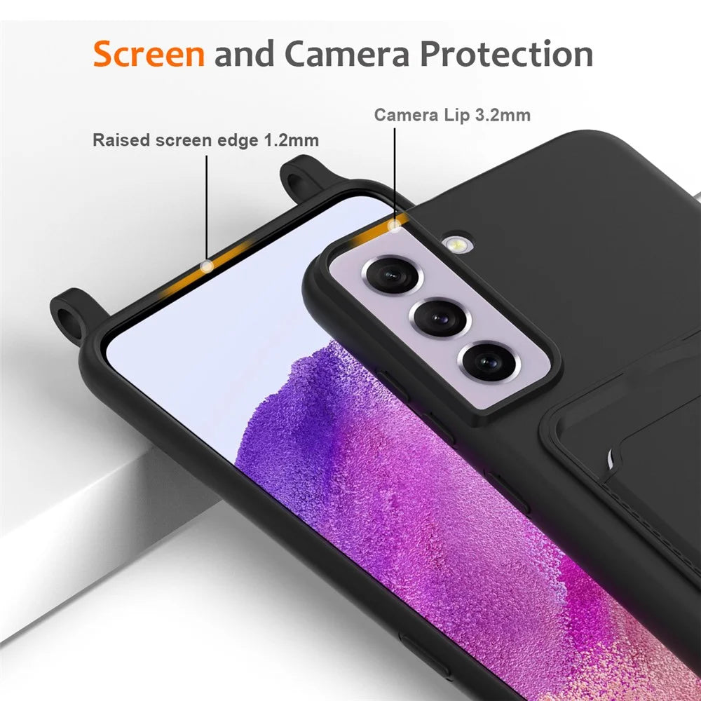 For Samsung Galaxy S21 FE 5G Case Liquid Silicone Card Holder Phone Back Cover with Lanyard - Black - 6